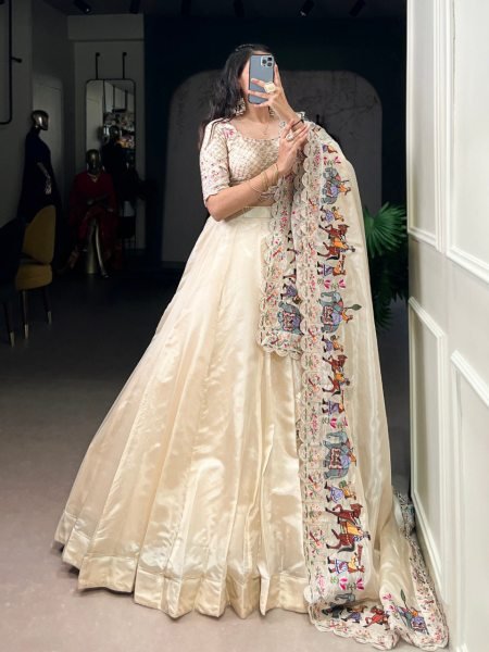 Cream Raspberry Lehenga Choli with Sequins Thread Embroidery and 5 Meter Flair Navratri Lehnega Choli
