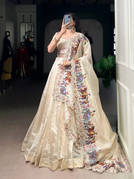Cream Raspberry Lehenga Choli with Sequins Thread Embroidery and 5 Meter Flair Navratri Lehnega Choli