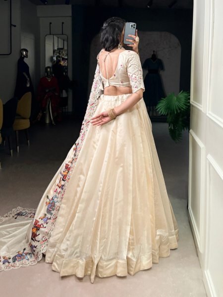 Cream Raspberry Lehenga Choli with Sequins Thread Embroidery and 5 Meter Flair Navratri Lehnega Choli