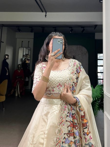 Cream Raspberry Lehenga Choli with Sequins Thread Embroidery and 5 Meter Flair Navratri Lehnega Choli