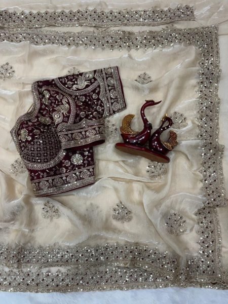 Cream Ready to Wear Fendy Satin Saree with Fully Stitched Embroidered Blouse 