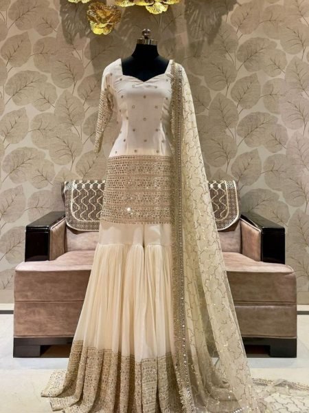 Cream Satin Silk Sharara Suit with Sequins Work and Fancy Dupatta for Festive Collection 
