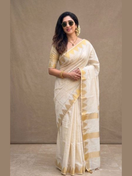Cream Semi Tussar Cotton Saree with Temple Jacquard Border and Rich Pallu Sarees 
