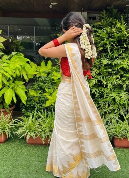 Cream Semi Tussar Cotton Saree with Temple Jacquard Border and Rich Pallu South Indian Saree 