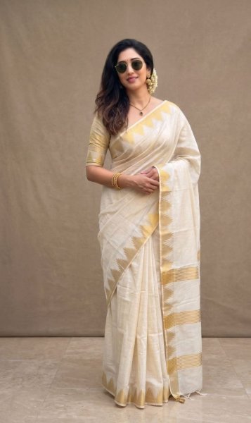 Cream Semi Tussar Cotton Saree with Temple Jacquard Border and Rich Pallu South Indian Saree 