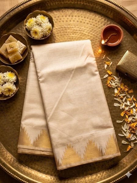 Cream Semi Tussar Cotton Saree with Temple Jacquard Border and Rich Pallu South Indian Saree 