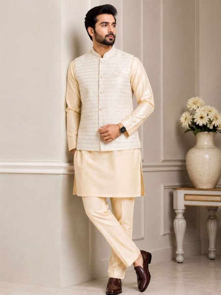 Cream Silk Kurta Pajama with Jacquard Nehru Jacket Set for Men Big Sizes