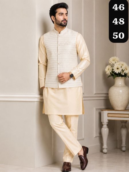 Cream Silk Kurta Pajama with Jacquard Nehru Jacket Set for Men Big Sizes Kurta Pajama Wholesale