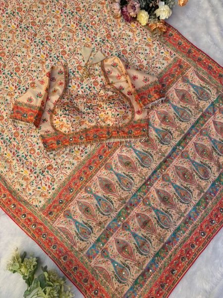 Cream Soft Chinnon Printed Saree with Gold Zari and Real Mirror Work at wholesale Rate Sarees 