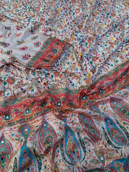 Cream Soft Chinnon Printed Saree with Gold Zari and Real Mirror Work at wholesale Rate Printed Cotton Sarees Wholesale