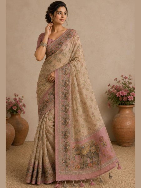 Cream Soft Linen Cotton Silk Saree with Handcrafted Khatli Work and Designer Blouse Sarees 