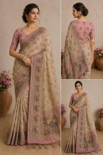 Cream Soft Linen Cotton Silk Saree with Handcrafted Khatli Work and Designer Blouse Printed Cotton Sarees Wholesale