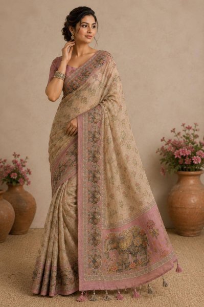 Cream Soft Linen Cotton Silk Saree with Handcrafted Khatli Work and Designer Blouse Printed Cotton Sarees Wholesale