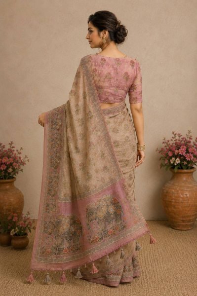 Cream Soft Linen Cotton Silk Saree with Handcrafted Khatli Work and Designer Blouse Printed Cotton Sarees Wholesale