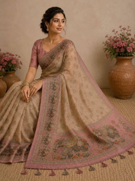 Cream Soft Linen Cotton Silk Saree with Handcrafted Khatli Work and Designer Blouse Printed Cotton Sarees Wholesale