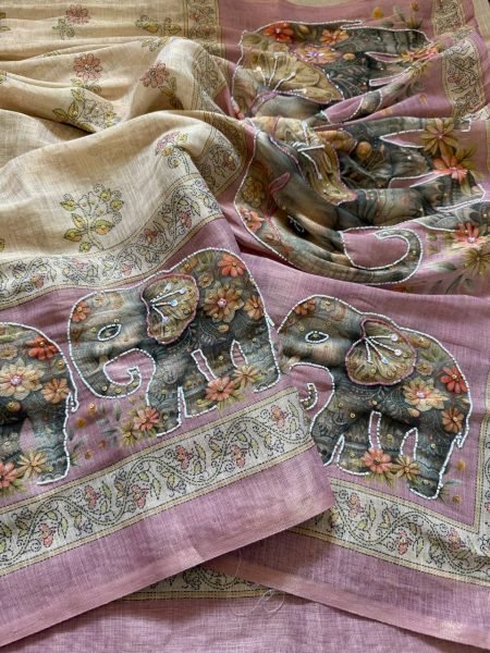 Cream Soft Linen Cotton Silk Saree with Handcrafted Khatli Work and Designer Blouse Printed Cotton Sarees Wholesale