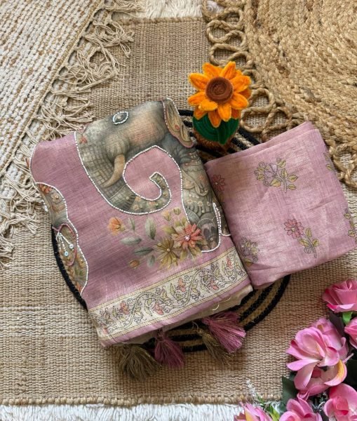 Cream Soft Linen Cotton Silk Saree with Handcrafted Khatli Work and Designer Blouse Printed Cotton Sarees Wholesale