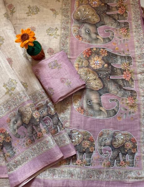 Cream Soft Linen Cotton Silk Saree with Handcrafted Khatli Work and Designer Blouse Printed Cotton Sarees Wholesale
