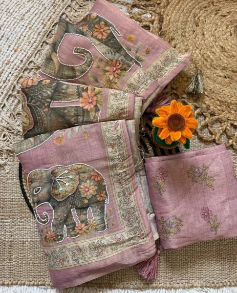 Cream Soft Linen Cotton Silk Saree with Handcrafted Khatli Work and Designer Blouse Printed Cotton Sarees Wholesale