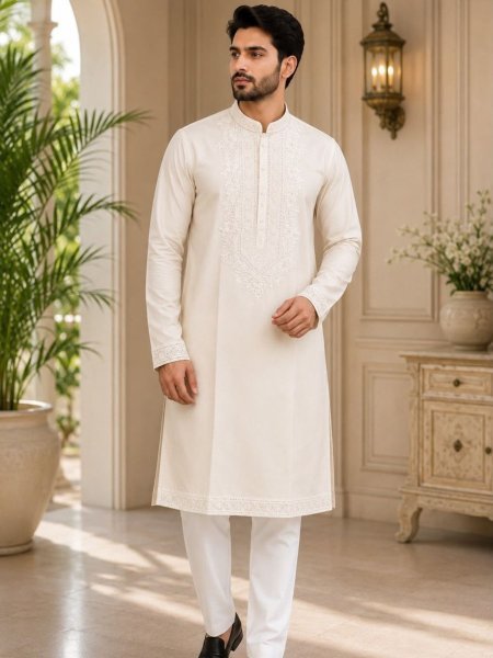 Cream Soft Silk Traditional Kurta Pajama With Designer Embroidery Work 