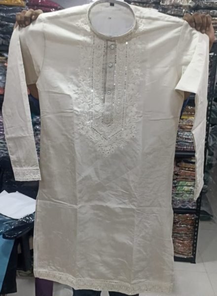 Cream Soft Silk Traditional Kurta Pajama With Designer Embroidery Work Kurta Pajama Wholesale