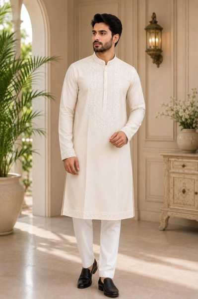 Cream Soft Silk Traditional Kurta Pajama With Designer Embroidery Work Kurta Pajama Wholesale