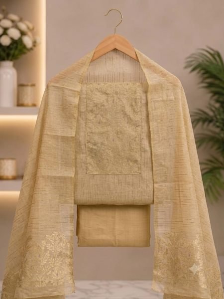 Cream South Silk Weaving Jacquard 3-Piece Suit Set with Santoon Inner at Wholesale Rate Dress Material 