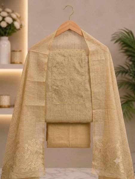Cream South Silk Weaving Jacquard 3-Piece Suit Set with Santoon Inner at Wholesale Rate Color Set Matching Dress Material Wholesale