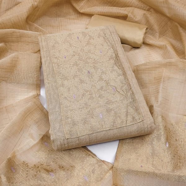 Cream South Silk Weaving Jacquard 3-Piece Suit Set with Santoon Inner at Wholesale Rate Color Set Matching Dress Material Wholesale