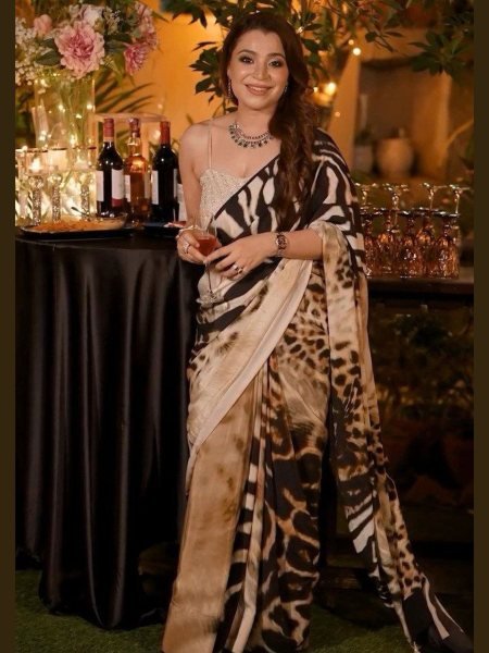 Cream Vichitra Silk Saree with Digital Print and Embroidered Blouse at Wholesale Rate Sarees 