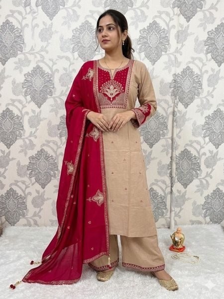 Cream Viscose Embroidered Kurti Palazzo Set with Chanderi Dupatta for Festive Wear Kurtis