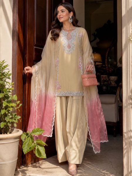 Cream Women s Heavy Rayon Kurti with Farshi Palazzo and Premium Tibby Silk Dupatta Ready To Wear Suit