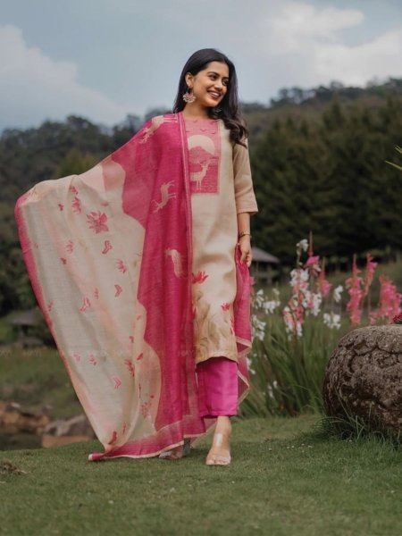 Cream Zarna Silk Printed Kurti with Shantoon Bottom and Elegant Printed Dupatta Kurtis