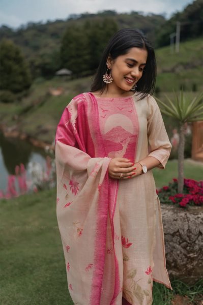 Cream Zarna Silk Printed Kurti with Shantoon Bottom and Elegant Printed Dupatta Printed Kurtis