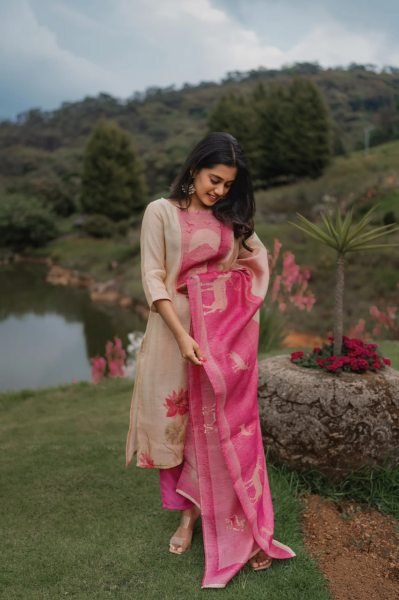 Cream Zarna Silk Printed Kurti with Shantoon Bottom and Elegant Printed Dupatta Printed Kurtis