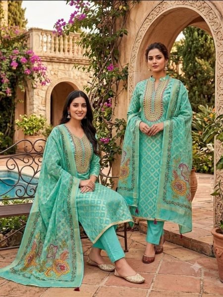 Creative Aqua Green Traditional Rajwadi Jacquard Suit Material with Digital Print Dupatta 