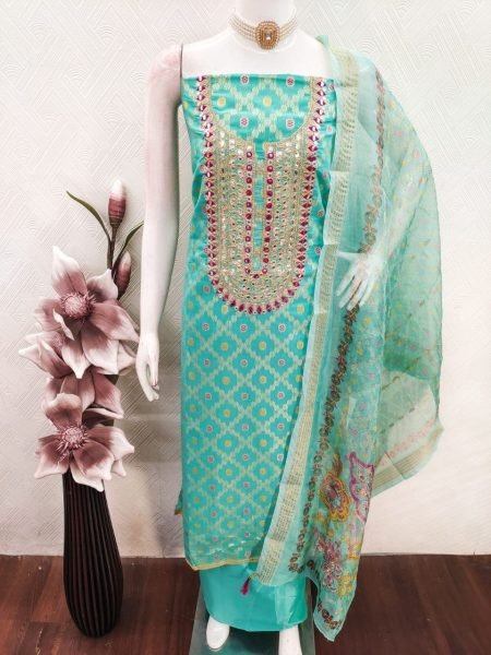 Creative Aqua Green Traditional Rajwadi Jacquard Suit Material with Digital Print Dupatta Color Set Matching Dress Material Wholesale