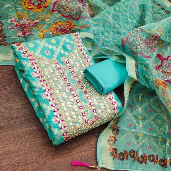Creative Aqua Green Traditional Rajwadi Jacquard Suit Material with Digital Print Dupatta Color Set Matching Dress Material Wholesale