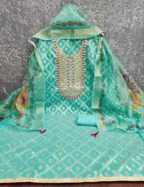 Creative Aqua Green Traditional Rajwadi Jacquard Suit Material with Digital Print Dupatta Color Set Matching Dress Material Wholesale