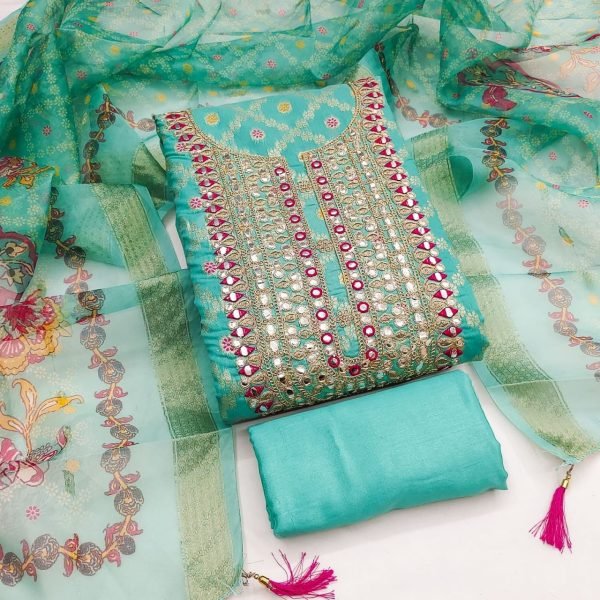 Creative Aqua Green Traditional Rajwadi Jacquard Suit Material with Digital Print Dupatta Color Set Matching Dress Material Wholesale