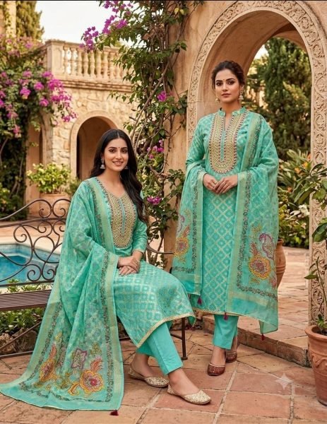 Creative Aqua Green Traditional Rajwadi Jacquard Suit Material with Digital Print Dupatta Color Set Matching Dress Material Wholesale