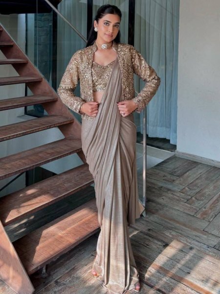 Creative Beige Chinon Silk Jacket Lehenga Saree Set with Heavy Zari Embroidery Wholesale Sarees Suppliers in Turkey