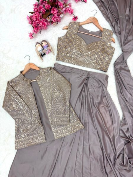 Creative Beige Chinon Silk Jacket Lehenga Saree Set with Heavy Zari Embroidery Ready To Wear Saree 