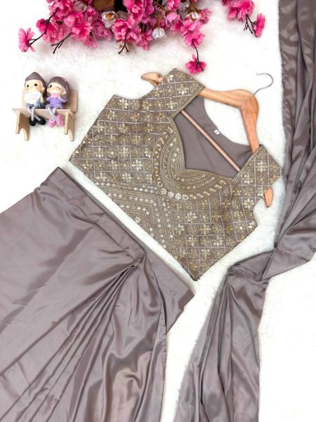 Creative Beige Chinon Silk Jacket Lehenga Saree Set with Heavy Zari Embroidery Ready To Wear Saree 
