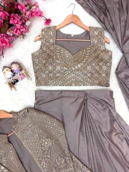 Creative Beige Chinon Silk Jacket Lehenga Saree Set with Heavy Zari Embroidery Ready To Wear Saree 
