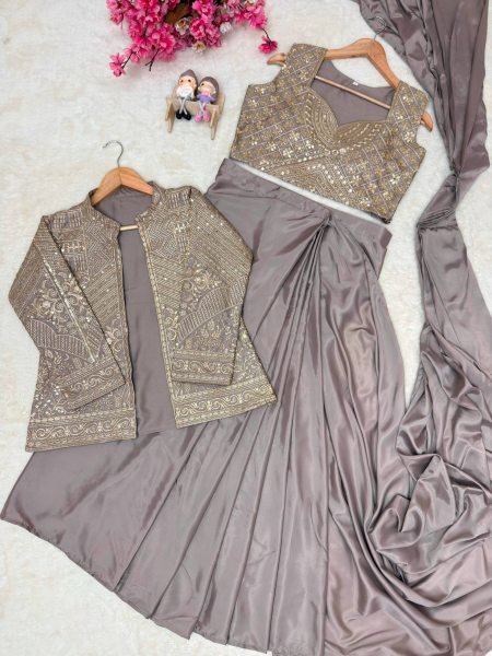 Creative Beige Chinon Silk Jacket Lehenga Saree Set with Heavy Zari Embroidery Ready To Wear Saree 
