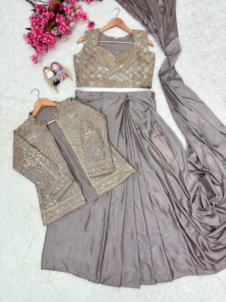 Creative Beige Chinon Silk Jacket Lehenga Saree Set with Heavy Zari Embroidery Ready To Wear Saree 