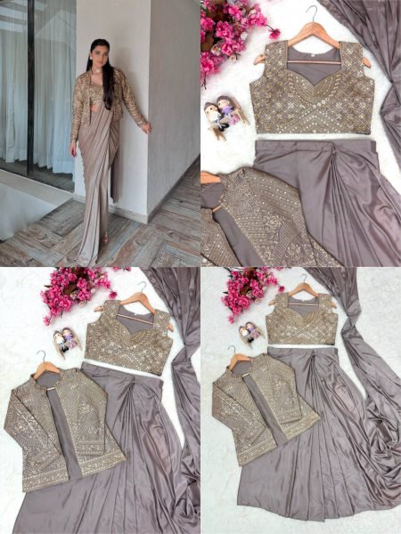 Creative Beige Chinon Silk Jacket Lehenga Saree Set with Heavy Zari Embroidery Ready To Wear Saree 