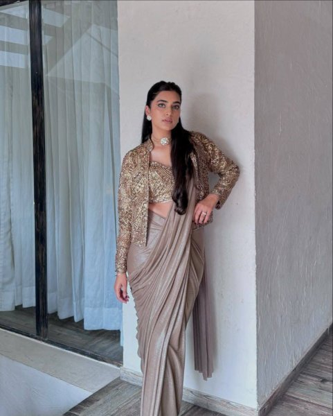 Creative Beige Chinon Silk Jacket Lehenga Saree Set with Heavy Zari Embroidery Ready To Wear Saree 