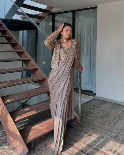 Creative Beige Chinon Silk Jacket Lehenga Saree Set with Heavy Zari Embroidery Ready To Wear Saree 